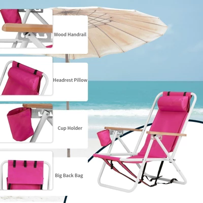 FURNIinspire Outdoor Portable Chair 4 Position Recline With Headrest And Backpack Straps For Outdoor Relaxation, Pink, 23"*21.7"*31.5" 2 FURNIinspire Outdoor Portable Chair 4 Position Recline With Headrest And Backpack Straps For Outdoor Relaxation, Pink, 23"*21.7"*31.5" - Image 2