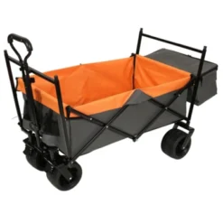 FURNIinspire Outdoor Serving Carts 480Lbs Collapsible Wagon With Canopy Lightweight Foldable Wagon With Mosquito Net, Orange, 45.28"*22.83"*38.78"