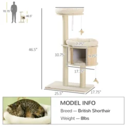 FURNIinspire3-Level Cat Tree With Sisal Scratching Posts, Fun Cat Badminton Toy For Playing, Soft Cushions & Play Areas, 25.5"*17.75"*46.5"