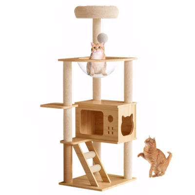 FURNIinspire Pet Tower Modern Cat Tower Cat Tree Indoor Kitty Playhouse, Cat Condo Hammock, Scratching Posts, Pet Furniture, Brown, 15.5"*18.7"*48.4" 3 FURNIinspire Pet Tower Modern Cat Tower Cat Tree Indoor Kitty Playhouse, Cat Condo Hammock, Scratching Posts, Pet Furniture, Brown, 15.5"*18.7"*48.4" - Image 3