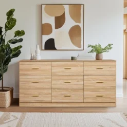 FURNIinspire Dressers Modern Natural 9 Drawer Dresser For Bedroom, Living Room, Nursery, Wooden Closet Storage Chest, Brown, 63"*15.55"*30.31" -Home Decor GUEST 5b2f2972 667d 41f5 b442 3ef1760d855f