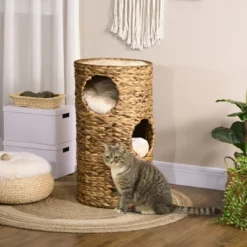 FURNIinspire Pet Beds Elevated Cat Bed, Cat Tower Kitten Bed Cat House, With Three Hideaways, Four Soft Plush Cushions, Brown, 15.75"*15.75"*28.75" -Home Decor GUEST 5cd247d3 e06b 450b 97d8 b91ec0bb916e