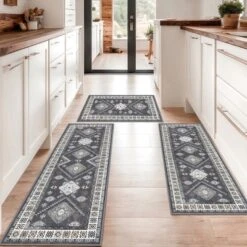 FURNIinspire Floor Mats 3 Piece Farmhouse Kitchen Rug Washable Area Rugs Non Skid Bohemian Mat For Hallway Entryway, Grey, 60"*20"
