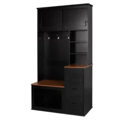 FURNIinspire Hall Trees Clothes Rack Hat Organizer Coat Rack Entryway Bench With 3 Shelves, Drawers, 3 Hooks For Hallway, Black, 16.5"*40.2"*71.3" -Home Decor GUEST 5fafe48e c24c 42e1 8a46 ae89752494bc