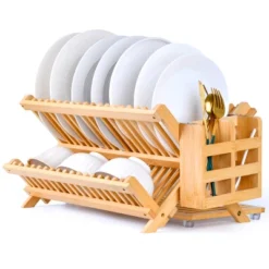 FURNIinspire Kitchen Racks 3 Tier Bamboo Dish Rack, Foldable Wood Dish Drying Rack Kitchen Organizer With Utensil Holder, Brown, 16.1"*9.8"*9.6" -Home Decor GUEST 6142340f 40c9 4a54 850f ff208de2c32a