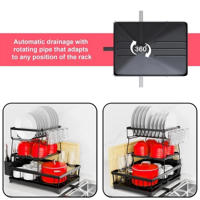 FURNIinspire 3-Tier Dish Drying Rack Drain Board Tray Dish Rack Utensil Cutting Board Holder Kitchen Organizer, Black, 16.97"*11.7"*5.66" 5 FURNIinspire 3-Tier Dish Drying Rack Drain Board Tray Dish Rack Utensil Cutting Board Holder Kitchen Organizer, Black, 16.97"*11.7"*5.66" - Image 5