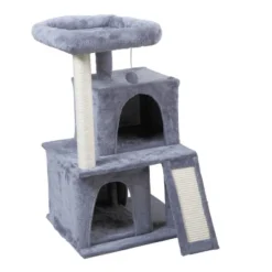 FURNIinspire Pet Tower Double Layer Cat Tree With Cat House And Ladder Light, Modern Cat Furniture, Gray, 19.70"*17.70"*34.00" -Home Decor GUEST 6589a269 ac36 4944 994c f01a230e5307