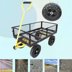 FURNIinspire Wheelbarrows And Lawn Carts Tools Cart Wagon Cart, Garden Cart Trucks With Solid Wheels And Yellow Handle, Black, 37“*19"*40" -Home Decor GUEST 65912bf0 7f93 46ba aa6d 2df848a30da5