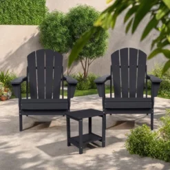 FURNIinspire Patio Seating Sets Folding Adirondack Chairs With Side Table, 3-Piece Rocking Chairs Set With Wood Texture, Black, 30“*28”*35“ -Home Decor GUEST 6652c3e2 eae3 4cb6 a1c1 84d25626d890