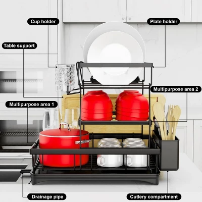 FURNIinspire 3-Tier Dish Drying Rack Drain Board Tray Dish Rack Utensil Cutting Board Holder Kitchen Organizer, Black, 16.97"*11.7"*5.66" 1 FURNIinspire 3-Tier Dish Drying Rack Drain Board Tray Dish Rack Utensil Cutting Board Holder Kitchen Organizer, Black, 16.97"*11.7"*5.66"