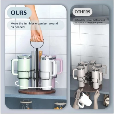 FURNIinspire Cup Organizer With Handle Rotating Tumbler Holder Bottle Storage Rack Kitchen Holder Non-Slip Pad, Black, 12.87"*12.87"*3.51" 3 FURNIinspire Cup Organizer With Handle Rotating Tumbler Holder Bottle Storage Rack Kitchen Holder Non-Slip Pad, Black, 12.87"*12.87"*3.51" - Image 3