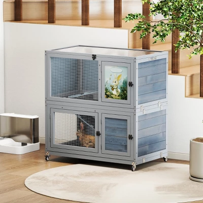 FURNIinspire Pet Crates And Houses Deluxe Two Story Rabbit Hutch With Slip Proof Ramps And Removable Trays, Grey, 35.4"*19.7"*36.6" 1 FURNIinspire Pet Crates And Houses Deluxe Two Story Rabbit Hutch With Slip Proof Ramps And Removable Trays, Grey, 35.4"*19.7"*36.6"