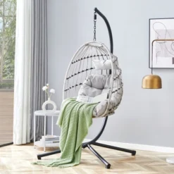 FURNIinspire Patio Swings Hanging Chair With Wicker Weave, Single Person Swing With Seat Cushion For Indoor And Outdoor, Gray, 37“*37"*79" -Home Decor GUEST 6c93ebfa c079 4fce a6eb 38388b5ae650