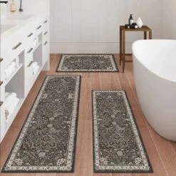 FURNIinspire Floor Mats Home 3 Piece Kitchen Rug Machine Washable Floor Mat For Living Room, Vintage Carpet, Non Slip, Grey, 60"*20" -Home Decor GUEST 6e03cecf 0c45 4af2 b128 8772193feb50