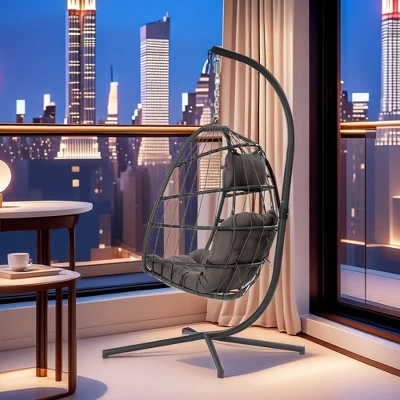FURNIinspire Patio Swings Outdoor Indoor Outdoor Wicker Hanging Chair Swing Chair Egg Chair, Patio Swing With Gray Cushion, Gray, 36“*36"*77" 1 FURNIinspire Patio Swings Outdoor Indoor Outdoor Wicker Hanging Chair Swing Chair Egg Chair, Patio Swing With Gray Cushion, Gray, 36“*36"*77"