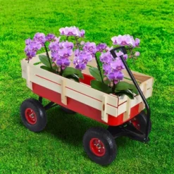 FURNIinspire Wheelbarrows And Lawn Carts Outdoor Sport Wagon Tools Cart Wooden Side Panels Air Tires Wagon, Garden Cart With Handle, Red, 39“*16"*20" -Home Decor GUEST 6fc12188 5d1d 460b 974b 9d73d8145f0a