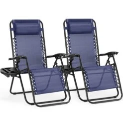 FURNIinspire Outdoor Portable Chairs Lounge Chairs Patio Folding Recliners For Pool Beach Garden With Pillow And Cup Holder, Blue, 62.8"*24.22"*43.3" -Home Decor GUEST 72691da4 7937 4735 ae43 3989d6ffa361