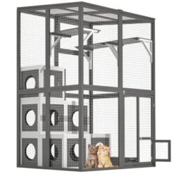 FURNIinspire Pet Crates And Houses Cat Crate Furniture Heavy Duty Kennel Cage, Stylish Pet Crate, Multiple Functional Spaces, Grey, 49.6"*44.7"*75.6" -Home Decor GUEST 733fa5dd 8093 4054 9683 1286e1babe01