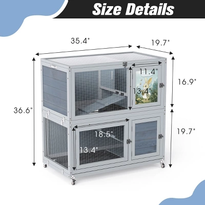 FURNIinspire Pet Crates And Houses Deluxe Two Story Rabbit Hutch With Slip Proof Ramps And Removable Trays, Grey, 35.4"*19.7"*36.6" 2 FURNIinspire Pet Crates And Houses Deluxe Two Story Rabbit Hutch With Slip Proof Ramps And Removable Trays, Grey, 35.4"*19.7"*36.6" - Image 2