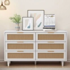 FURNIinspire Dressers Rattan Storage Cabinet Clothes Storage Cabinet With 6 Drawer For Bedroom Nursery, Large Capacity, White, 51.18"*15.75"*29.72" -Home Decor GUEST 75ffbf5c 8da5 4d7a adcd d9eda2b04f5e