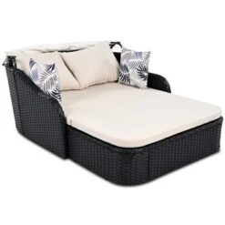 FURNIinspire Patio Chaise Lounges Outdoor Sunbed With Adjustable Canopy, Patio Chaise Lounge, Black Wicker Daybed And Beige Cushion, 79.9“*52.4"*49.6" -Home Decor GUEST 76d9f249 23fc 462c 952d c239e7da9f11