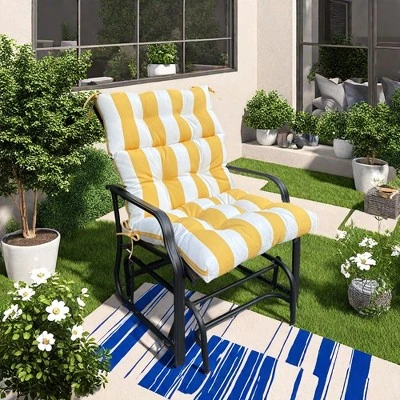 FURNIinspire Outdoor Seat Cushions 2 Pcs Set High Back Patio Chair Cushions, Yellow And White Stripes Seat Cushion, Multicolored, 44"*22"*4" 4 FURNIinspire Outdoor Seat Cushions 2 Pcs Set High Back Patio Chair Cushions, Yellow And White Stripes Seat Cushion, Multicolored, 44"*22"*4" - Image 4