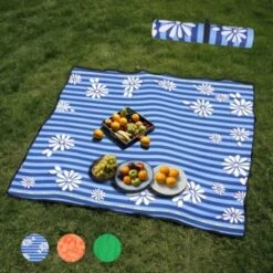 FURNIinspire Outdoor Serving Carts Colorful Heavy-Duty 480lbs Folding Wagon Cart With Bonus Picnic Mat All Terrain Wheels, Blue, 37.4"*23.03"*38.98"