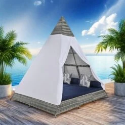 FURNIinspire Patio Chaise Lounges Patio Daybed With Cushions And Tent, Outdoor Wicker Sunbed For Backyard, Garden, Gray And Blue, 72.4“*90.5"*102.4" -Home Decor GUEST 7bec806e 5d40 456b 88aa 813fe2143667
