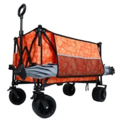 FURNIinspire Outdoor Serving Carts Colorful Heavy-Duty 480lbs Folding Wagon Cart With Bonus Picnic Mat All Terrain Wheels, Orange, 37.4"*23.03"*38.98"