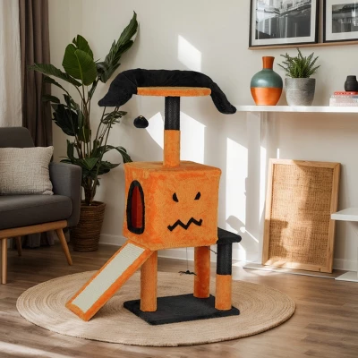 FURNIinspire Pet Tower Halloween Cat Tree Tower With Sisal Scratching Posts, Hanging Toys, Cat Activity Platform, Orange, 27.3"*11.8"*39" 5 FURNIinspire Pet Tower Halloween Cat Tree Tower With Sisal Scratching Posts, Hanging Toys, Cat Activity Platform, Orange, 27.3"*11.8"*39" - Image 5