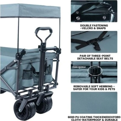 FURNIinspire Outdoor Serving Carts Collapsible Wagon Foldable With Removable Canopy Wheels For All-Terrain Brake For Camping, Gray, 35.4"*19.7"*44.5" 3 FURNIinspire Outdoor Serving Carts Collapsible Wagon Foldable With Removable Canopy Wheels For All-Terrain Brake For Camping, Gray, 35.4"*19.7"*44.5" - Image 3