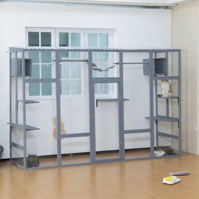 FURNIinspire Pet Crates And Houses Cat Enclosure With Leaping Platforms, Feline Condos, Catwalk, Scratching Panel, Gray, 104.3"*35.4"*72.1" 1 FURNIinspire Pet Crates And Houses Cat Enclosure With Leaping Platforms, Feline Condos, Catwalk, Scratching Panel, Gray, 104.3"*35.4"*72.1"