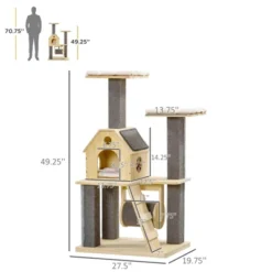 FURNIinspire Cozy-House Cat Tree For Indoor Cats With Pillow-Covered Perches, Spinning Toy, Modern Climbing Activity Cat Tower, 27.5"*19.8"*49.3"