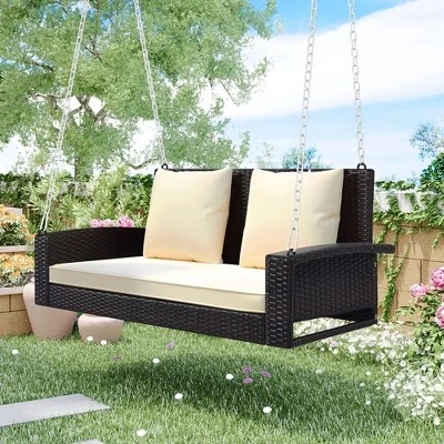 FURNIinspire Patio Swings Wicker Hanging Porch Swing With Chains With Cushion And Pillow, Patio Swing For Backyard, Brown And Beige, 50"*22"*21" 4 FURNIinspire Patio Swings Wicker Hanging Porch Swing With Chains With Cushion And Pillow, Patio Swing For Backyard, Brown And Beige, 50"*22"*21" - Image 4