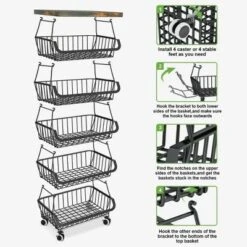 FURNIinspire Kitchen Rack Holder Metal Baskets With Wheels Stackable Storage Organizer For Dining Room Bathroom Fruit Cart, Black, 12.09"*7.02"*15.99" -Home Decor GUEST 868f2920 42c7 4a5c 812c f35eacba115f