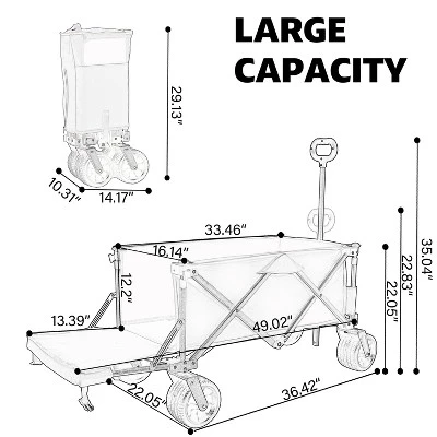 FURNIinspire Wheelbarrows And Lawn Carts Collapsible Folding Wagon, Foldable Beach Wagon, Garden Cart, Yard Cart, Black, 49.02"*22.05"*35.04" 2 FURNIinspire Wheelbarrows And Lawn Carts Collapsible Folding Wagon, Foldable Beach Wagon, Garden Cart, Yard Cart, Black, 49.02"*22.05"*35.04" - Image 2