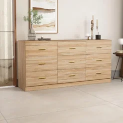 FURNIinspire Dressers Modern Natural 9 Drawer Dresser For Bedroom, Living Room, Nursery, Wooden Closet Storage Chest, Brown, 63"*15.55"*30.31" -Home Decor GUEST 90010ce3 eeda 4071 81c4 a2ce2aa7621f