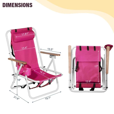 FURNIinspire Outdoor Portable Chair 4 Position Recline With Headrest And Backpack Straps For Outdoor Relaxation, Pink, 23"*21.7"*31.5" 1 FURNIinspire Outdoor Portable Chair 4 Position Recline With Headrest And Backpack Straps For Outdoor Relaxation, Pink, 23"*21.7"*31.5"