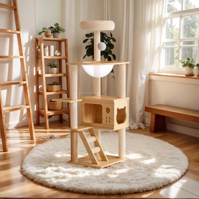 FURNIinspire Pet Tower Modern Cat Tower Cat Tree Indoor Kitty Playhouse, Cat Condo Hammock, Scratching Posts, Pet Furniture, Brown, 15.5"*18.7"*48.4" 4 FURNIinspire Pet Tower Modern Cat Tower Cat Tree Indoor Kitty Playhouse, Cat Condo Hammock, Scratching Posts, Pet Furniture, Brown, 15.5"*18.7"*48.4" - Image 4