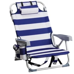 FURNIinspire Outdoor Portable Chair Adjustable Back With Storage For Relaxing Adventures, Blue Stripes, 24.8"*25.6"*32.28" -Home Decor GUEST 93cb44bf 9c90 4255 b8ed 3bdc237865ca
