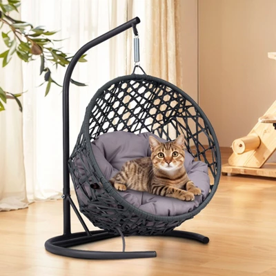 FURNIinspire Pet Beds Cat Swing Bed With Stand, Cushion, Rattan Wicker Cat Egg Chair, Indoor Cooling Pet Bed Dog Bed, Gray, 19.3"*19.3"*28.7" 5 FURNIinspire Pet Beds Cat Swing Bed With Stand, Cushion, Rattan Wicker Cat Egg Chair, Indoor Cooling Pet Bed Dog Bed, Gray, 19.3"*19.3"*28.7" - Image 5