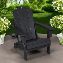 FURNIinspire Patio Accent Chairs Folding Adirondack Chair, Outdoor Adirondack Chair With Cup Holder, Wood Texture Folding Chair, Black, 32"*29"*36"