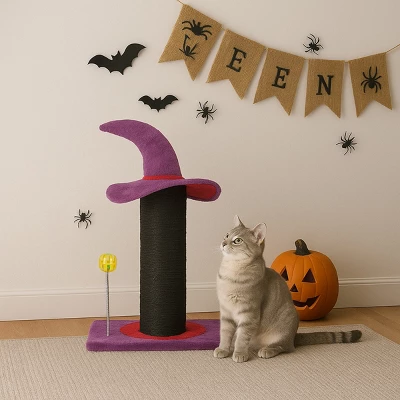 FURNIinspire Pet Tower Halloween Cat Tree Wizard Hat Cat Scratching Post, Cute Cat Toys Kitten Pet Furniture Indoor, Purple, 15.8"*11.8"*23.6" 4 FURNIinspire Pet Tower Halloween Cat Tree Wizard Hat Cat Scratching Post, Cute Cat Toys Kitten Pet Furniture Indoor, Purple, 15.8"*11.8"*23.6" - Image 4