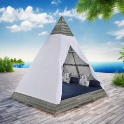 FURNIinspire Patio Chaise Lounges Patio Daybed With Cushions And Tent, Outdoor Wicker Sunbed For Backyard, Garden, Gray And Blue, 72.4“*90.5"*102.4" -Home Decor GUEST 9bff4767 82d4 4c3e b3d7 977073b8cf21