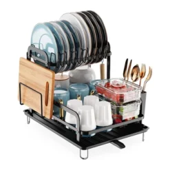 FURNIinspire Kitchen Racks 2 Tier Dish Drying Rack Kitchen Dish Rack With Drainboard Detachable Drainer Organizer, Black, 16.56"*14.57"*13.11" -Home Decor GUEST 9cf0fd42 fa5c 4eb4 ba10 1452d5bb8d8a
