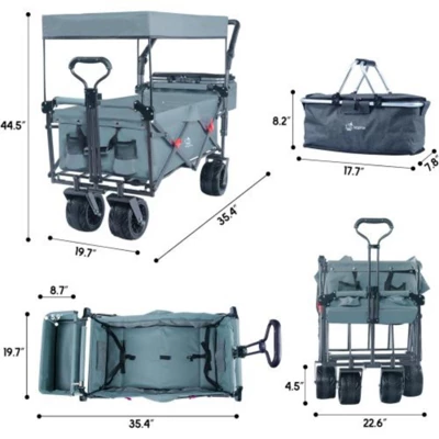 FURNIinspire Outdoor Serving Carts Collapsible Wagon Foldable With Removable Canopy Wheels For All-Terrain Brake For Camping, Gray, 35.4"*19.7"*44.5" 2 FURNIinspire Outdoor Serving Carts Collapsible Wagon Foldable With Removable Canopy Wheels For All-Terrain Brake For Camping, Gray, 35.4"*19.7"*44.5" - Image 2