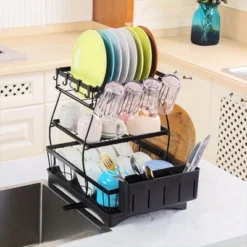 FURNIinspire Kitchen Racks 3 Tier Dish Rack Large Rust Proof Dish Drying Rack With Bottom Tray For Kitchen Counter, Black, 12"*18.9"*15.9"