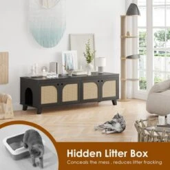 FURNIinspire Pet Crates And Houses Double Large Hidden Cat Litter Box Enclosure Furniture Cabinet With Rattan Doors, Black, 57.9"*19.7"*19.7" -Home Decor GUEST a19484dc 1230 4412 9f56 9c39c0c19495
