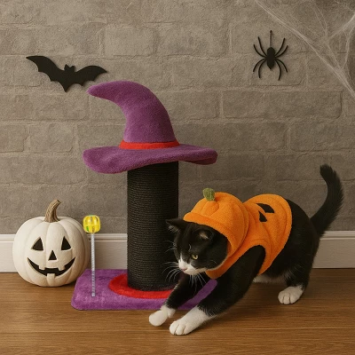 FURNIinspire Pet Tower Halloween Cat Tree Wizard Hat Cat Scratching Post, Cute Cat Toys Kitten Pet Furniture Indoor, Purple, 15.8"*11.8"*23.6" 1 FURNIinspire Pet Tower Halloween Cat Tree Wizard Hat Cat Scratching Post, Cute Cat Toys Kitten Pet Furniture Indoor, Purple, 15.8"*11.8"*23.6"