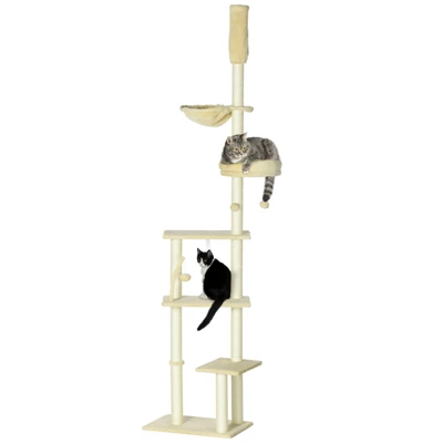 FURNIinspire Floor To Ceiling Cat Tree Adjustable Height, Cat Climbing Tower With Carpeted Platforms, Toy Balls, Beige, 21.25"*13.5"*98.5" 5 FURNIinspire Floor To Ceiling Cat Tree Adjustable Height, Cat Climbing Tower With Carpeted Platforms, Toy Balls, Beige, 21.25"*13.5"*98.5" - Image 5